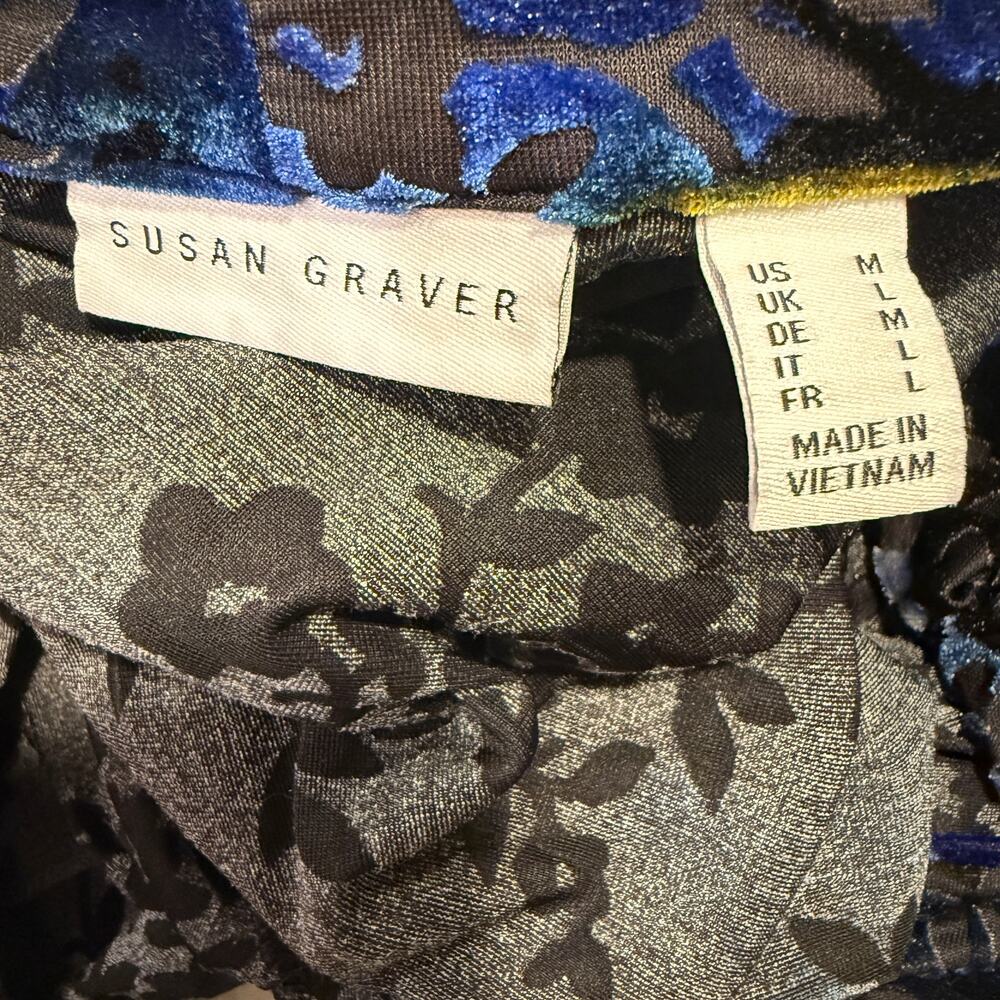 Susan Graver Blue Floral Burnout Velvet Cardigan Medium Sheer Office Fall Winter - Picture 6 of 9
